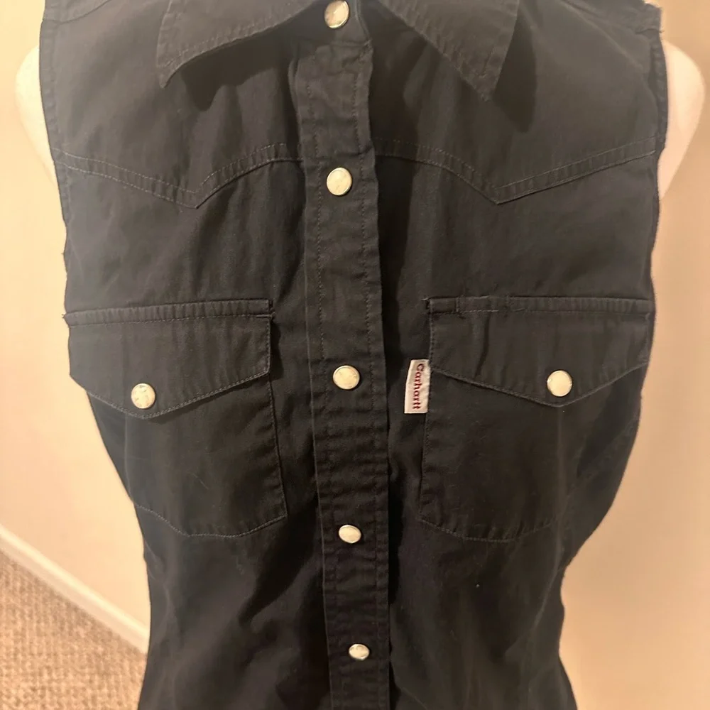 Carhartt Black Sleeveless Button-Down Vest Shirt with White Pearl Buttons Size L - Picture 2 of 7